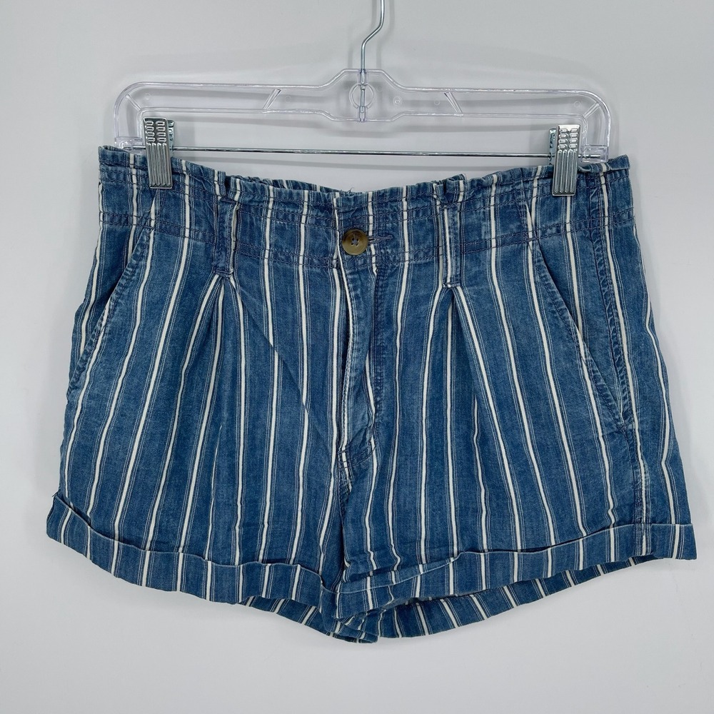American Eagle Women's Blue Striped Pleated High‎ Rise Denim Shorts Size 6